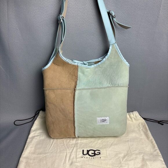 Ugg Tote Hobo Purse Shoulder Bag Bucket Sherpa Shearling Wool Baby Blue Tan - Picture 2 of 12